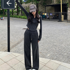 Women's Casual Two Piece Set Grey Oatmeal Hooded Sweatshirt Loose Wide Leg Pants Spring Autumn Solid Color Polyester - Product Image 2