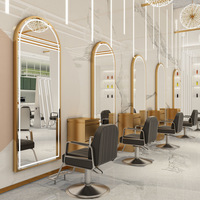 Miroir de salon moderne en acier inoxydable doré à face unique, pour salon de coiffure, commercial, mural, avec éclairage LED, mobilier de coiffure élégant