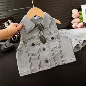 Un nouveau ensemble deux pièces pour filles, haut sans manches et short en denim doux lavé de style coréen, tendance estivale et polyvalent - Product Image 5