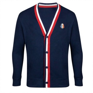 เสื้อคาร์ดิแกนถักสำหรับผู้ชาย สีกรมท่า แต่งขอบแดงขาว พร้อมโลโก้ด้านหน้า เหมาะสำหรับใส่ในฤดูใบไม้ร่วง ฤดูหนาว ใช้กลางแจ้งได้ ผลิตจากผ้าฝ้าย 100% มาตรฐาน  สั่งซื้อขั้นต่ำน้อย - Product Image 6
