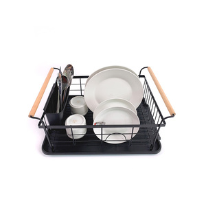 Modern Wood Handle Dish Rack and Drain Board Kitchen Plate Cup Dish Drying Rack Tray Cutlery Full-Mesh Storage Basket Black