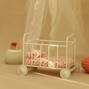 Miniature Vintage Metal Crib Dollhouse White Lace Canopy Wheels Floral <strong>Bedding</strong> Striped Nursery Decor Ornament Gift - Product Image 1