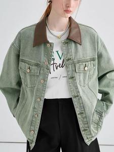 Veste verte en pur coton pour femmes OEM ODM, denim oversize décontracté vintage avec col en cuir marron <span class=keywords><strong>ciré</strong></span> style Y2K Backstreet - Product Image 4