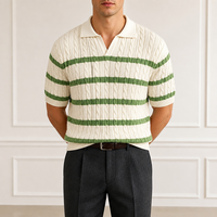 Pull en maille torsadée rayée personnalisé OEM pour homme, col en V, manches courtes, style décontracté, respirant, style preppy, printemps