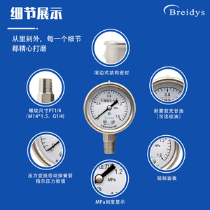 Manomètre en acier inoxydable Breidys 1,6 Mpa, connexion filetée 40 mm pour utilisation hydraulique et pneumatique - Product Image 2