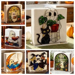 Pafu Centre de table d'Halloween en acrylique, distributeur de mouchoirs, support décoratif pour serviettes, motifs fantôme, sorcière, citrouille, porte-serviettes d'Halloween - Product Image 1