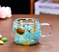 Mug en verre borosilicate soufflé à la main à double paroi avec intercouche de fleurs séchées, résistant à la chaleur, 130 ml, anti-fuite