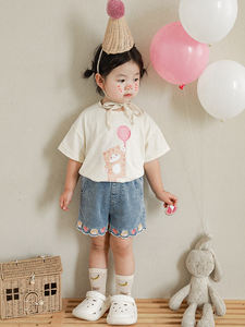 Haut de gamme personnalisé enfants filles dessin animé broderie Jean Shorts bébé enfants vêtements lavé au sable bord ondulé Denim Shorts - Product Image 3