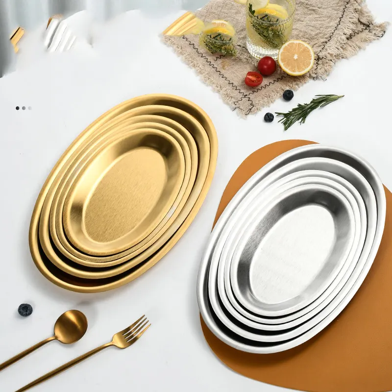 Piatto di pesce di forma ovale piatto di cena a buon mercato in acciaio inossidabile dorato all'ingrosso della fabbrica varia le dimensioni disponibili vassoio per alimenti