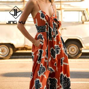 High Quality 100% Rayon Digital Printed Hawaiian Style Jumpsuit Custom Chest Bow <b>Suspender</b> Jumpsuit for Women - Product Image 3