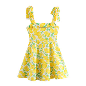 Abito Casual da donna in lino estivo <span class=keywords><strong>con</strong></span> bretelle a fiocco Mini modello di ciliegio al limone intrecciato traspirante per dolci vacanze - Product Image 4