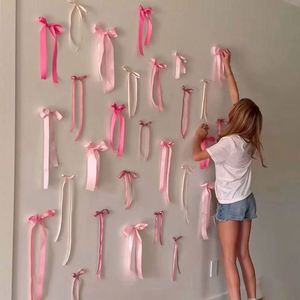 Birthday Bridal Bachelorette Baby Shower Coquette Decor Bow Banner Garland <b>Pink</b> <b>Ribbon</b> Wall Bows - Product Image 1