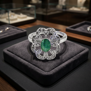 Elegant Luxurious Vintage Flower Cocktail <b>Ring</b> Emerald Cut Green Stone Pave Setting Rhodium Plated 925 Silver Women's Fine - Product Image 3