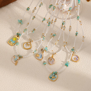 Collier pendentif en acier inoxydable de style européen avec chaîne de perles, thème océan, chaîne de clavicule pour femmes, bijoux de fête - Product Image 1