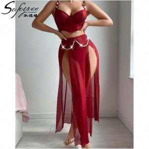 SFY3671 Sexy Lingerie Bra Camisole Chain-Decorated Slit Maxi Dress Two-Piece Sexy Lady's Pajamas Set Spandex/<b>Nylon</b> Chest Pad - Product Image 3