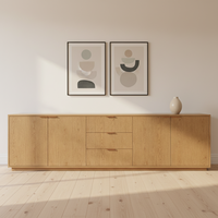 Meuble TV en bois massif chêne clair, 4 portes, 3 tiroirs, buffet, armoire de rangement de luxe, credenza moderne pour salon