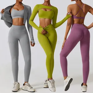 Vendas quentes conjunto de roupas esportivas de 4 peças para mulheres, sutiã esportivo top top, jaqueta de ioga, roupa de treino, fitness, academia, fitness