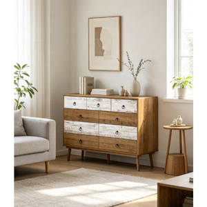 Cómoda Ancha <span class=keywords><strong>Vintage</strong></span> de 9 Cajones con Acabado Desgastado, Mueble de Madera Bicolor de Mediados de Siglo con Tiradores de Anillo de Metal Negro - Product Image 1