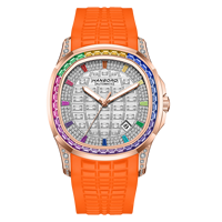 Reloj Mecánico HANBORO Miyota con Bisel de Cristal Arcoíris, Esfera con Diamantes, Correa de Silicona Naranja de 20 mm, Reloj de Vestir de Lujo