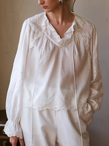 Camisa de Lino y Rayón para Mujer, Estilo Universitario, Blanca, Casual, Corte Regular, Cuello Camisero con Bordado, Estilo Vintage para Verano - Product Image 2