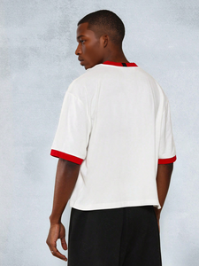 カスタムメンズ無地リンガーTシャツ 白＆赤 ヘビーウェイト 100%コットン クルーネック アウター ボックスフィット クロップ ヴィンテージ リンガーTシャツ メンズ - Product Image 2