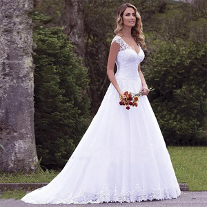 Lace Wedding Dress V-neck A-line Train White Bridal Gown Simple Elegant Style - Product Image 1