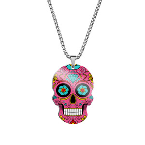 Collier en acier inoxydable avec pendentif tête de mort en sucre de couleur marigold chaud, accessoires pour le jour des morts, cadeau pour femme et homme - Product Image 5