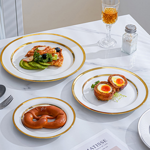 Plato plano redondo con borde de oro blanco de lujo de estilo europeo, juegos de <span class=keywords><strong>vajilla</strong></span> de cerámica de 6/8/10 pulgadas, juego de platos de cena de comida de porcelana - Product Image 5
