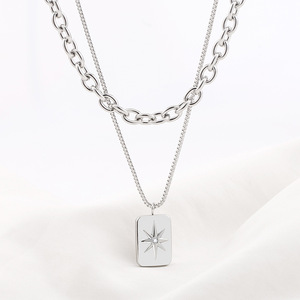 yunnique Fashion Layered Necklace Double <b>Chain</b> Star Pendant <b>Titanium</b> Steel Silver Tone Hip Hop Style - Product Image 1