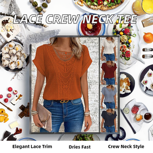 T-<span class=keywords><strong>shirt</strong></span> à col rond en dentelle respirante pour femmes, haut décontracté à manches courtes élégant pour les vacances d'été, chemisier à trous - Product Image 2