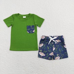 ชุดเสื้อผ้าสำหรับเด็กผู้ชายชุดฤดูร้อนลายทางสีเขียวแนวบูติกสำหรับเด็กเล็กขายส่ง - Product Image 4