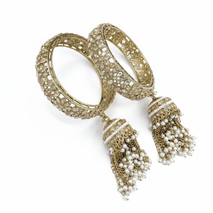 Premium Austrian Stone & Pearl Statement Bangles <b>Set</b> 2.4" Elegant Designer Bridal Jewelry Collection - Product Image 2