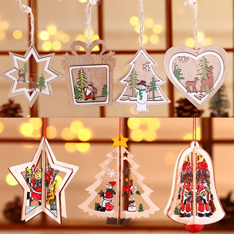 Pendentif de Noël en bois 3D pour décoration d'arbre de Noël Artisanat suspendu en bois pour enfants Ornements de Noël en bois