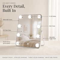 Miroir de maquillage de table blanc avec éclairage, 28 cm, rotation à 360°, miroir lumineux avec 3 modes de couleur, variateur d'intensité tactile
