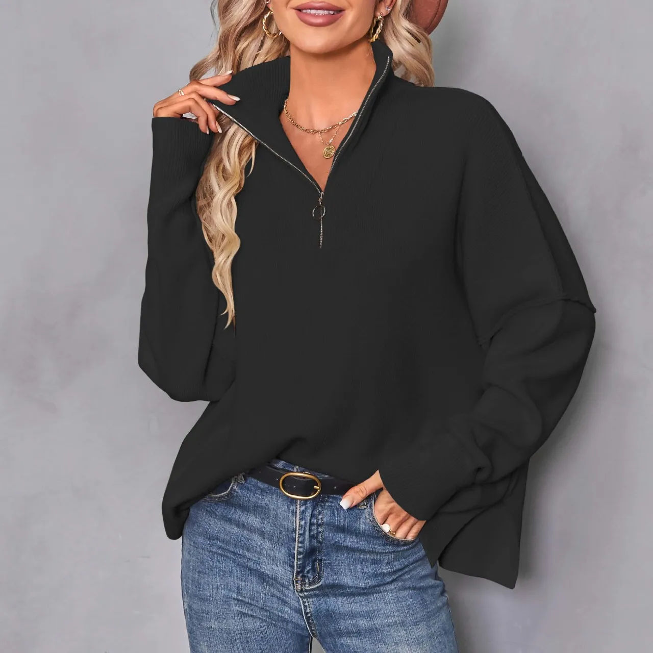 Women's Long Sleeve 1/4 Zipper Collar Drop Shoulder Oversized Slouchy Sweatshirt Pullover Sweater with Slit