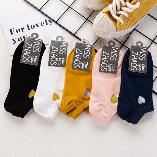 Solid Color Heart Logo Cotton Low Cut Breathable Plain Bulk Boat Socks