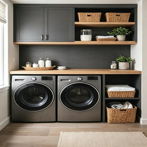 Ensemble <span class=keywords><strong>de</strong></span> meubles <span class=keywords><strong>de</strong></span> buanderie en bois encastrés <span class=keywords><strong>de</strong></span> luxe |   Meuble <span class=keywords><strong>de</strong></span> rangement compact <span class=keywords><strong>pour</strong></span> lave-linge et sèche-linge avec portes à fermeture douce <span class=keywords><strong>pour</strong></span> maisons modernes et utilisation extérieure - Product Image 4