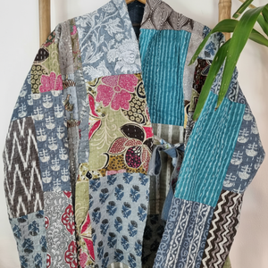 Women's Top Kantha Quirky Grey Pastel Hue Patchwork <b>Jacket</b> Reversible Short Length Spring Front Tie Open <b>Kimono</b> Beach Suitable - Product Image 1