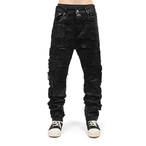 Jean en denim ciré noir pour homme, coupe slim, effet vieilli, patchwork, streetwear avant-gardiste, style punk empilé, pour le <span class=keywords><strong>rock</strong></span> gothique - Product Image 1
