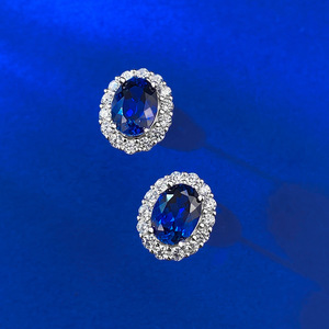 New Blue Created Sapphire Halo Boucles d'oreilles en argent sterling 925 ovale <span class=keywords><strong>saphir</strong></span> boucles d'oreilles - Product Image 4