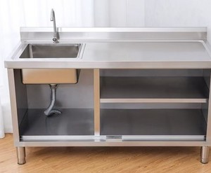Table <span class=keywords><strong>de</strong></span> préparation <span class=keywords><strong>de</strong></span> cuisine autoportante en acier inoxydable 304, faite à la main, avec évier unique et armoire intégrée à double porte, pour restaurant, vente en gros, OEM - Product Image 4
