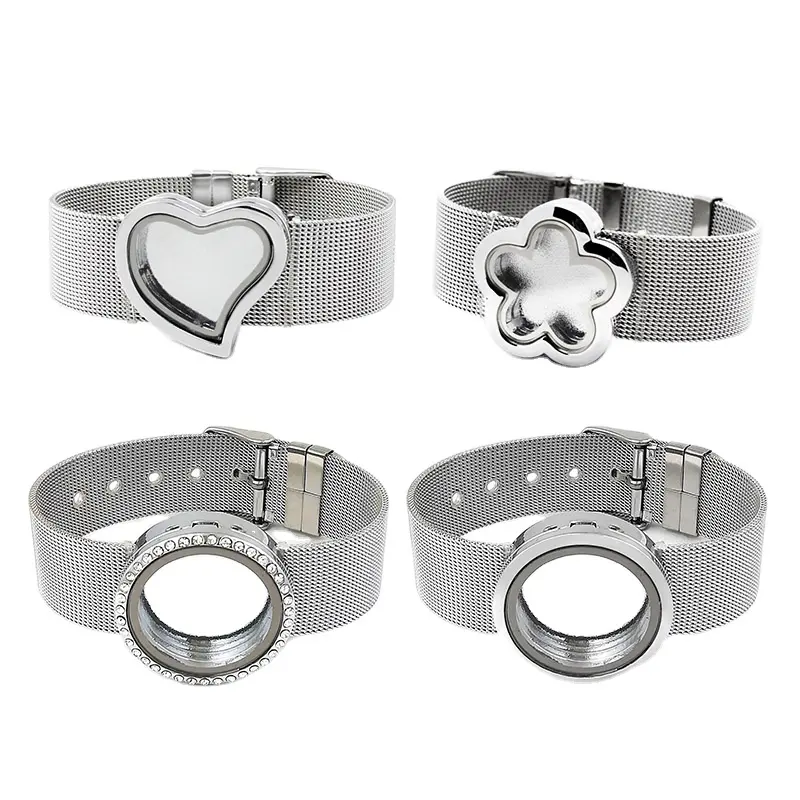 DIY Magnetic Memory Glass Floating Locket Charm Bracelet Stainless Steel Mesh Watchband for DIY Watch Strap Accessories