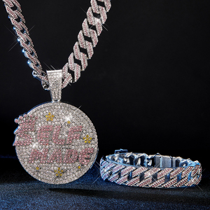 3PCS Iced Out Shiny Letter Self Made Round Medal Pendant avec Round Stars Shape Necklace and Bracelet Jewelry - Product Image 2