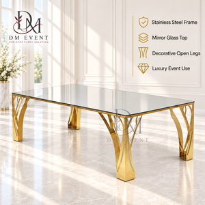 Table à manger moderne en verre miroir avec plateau en acier inoxydable, pieds ouverts décoratifs, mobilier de luxe pour événements et mariages - Product Image 1