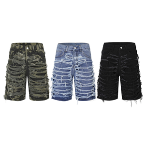 <span class=keywords><strong>Pantalones</strong></span> <span class=keywords><strong>cortos</strong></span> vaqueros desgastados con borde crudo desgastados de mezclilla apilados de Hip Hop informales ajustados elásticos de moda de verano para <span class=keywords><strong>hombre</strong></span> de alta calidad lavados - Product Image 1