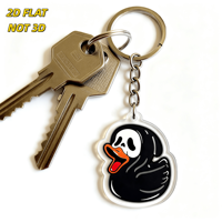 Porte-clés en acrylique Ghost Duck, canard en caoutchouc noir avec visage et bec orange, breloque transparente double face