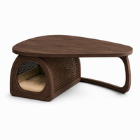 Table basse ronde en rotin, table centrale artisanale en bois avec étagère de rangement, design polyvalent pour humains et animaux