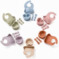 Ensemble de bols à ventouse en silicone Macaron Cœur certifié LFGB, attrape-aliments de couleur unie, bavoir, cuillère et fourchette texturées, kit repas en silicone sûr