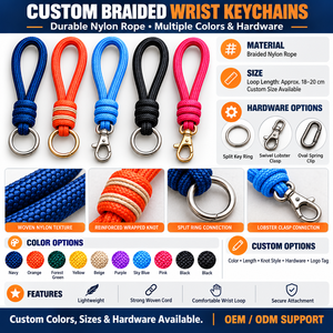 Porte-clés en corde de nylon tressée personnalisée avec sangle de poignet colorée et fermoir métallique pour sacs, cadeaux, OEM, ODM - Product Image 4