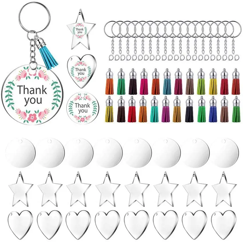 DIY Digital Printing key Ring Holder Set Clear Transparent Acrylic Cut with Tassel Metal Keychains Ring Sublimation Key Chain